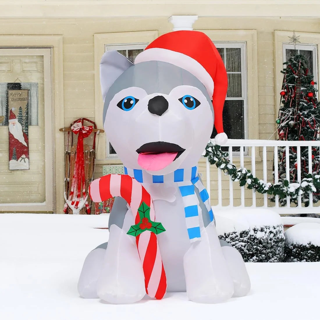 4 FT Christmas Inflatables Outdoor Dog Christmas Decorations Inflatable Christmas Dog Blow up Husky Dogs Holding Candy Cane Christmas Decoration with Built-In Leds for Xmas Party Garden Decor-Miller Ranch TX