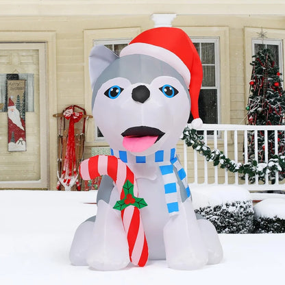 4 FT Christmas Inflatables Outdoor Dog Christmas Decorations Inflatable Christmas Dog Blow up Husky Dogs Holding Candy Cane Christmas Decoration with Built-In Leds for Xmas Party Garden Decor-Miller Ranch TX