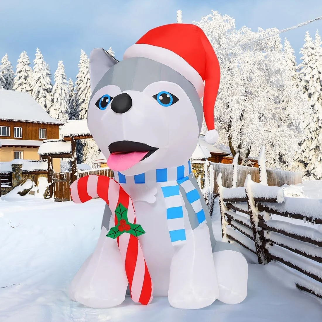 4 FT Christmas Inflatables Outdoor Dog Christmas Decorations Inflatable Christmas Dog Blow up Husky Dogs Holding Candy Cane Christmas Decoration with Built-In Leds for Xmas Party Garden Decor-Miller Ranch TX