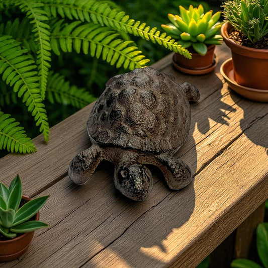Rustic Cast Iron Turtle Garden Statue, Whimsical Outdoor Decor-Miller Ranch TX