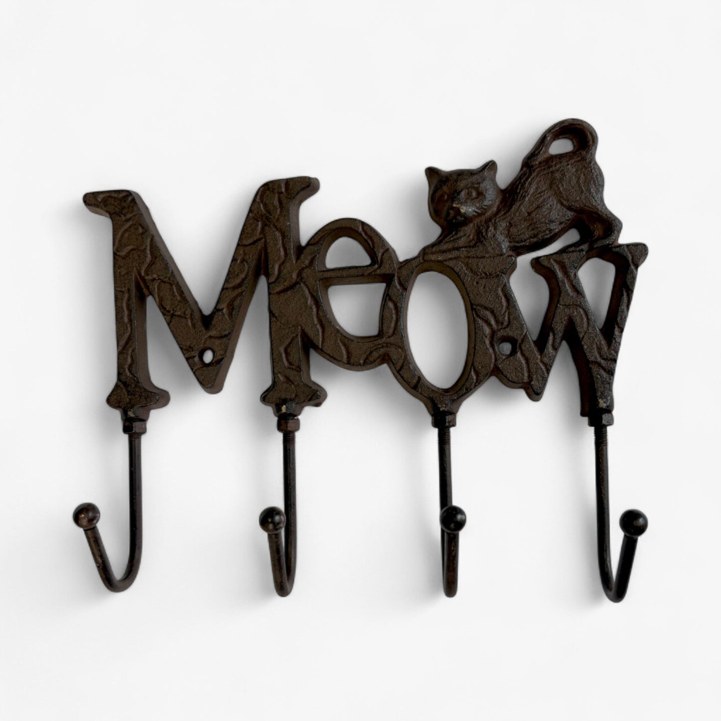 Whimsical Cast Iron Meow Cat Hook Rack, Rustic Wall Organizer-Miller Ranch TX