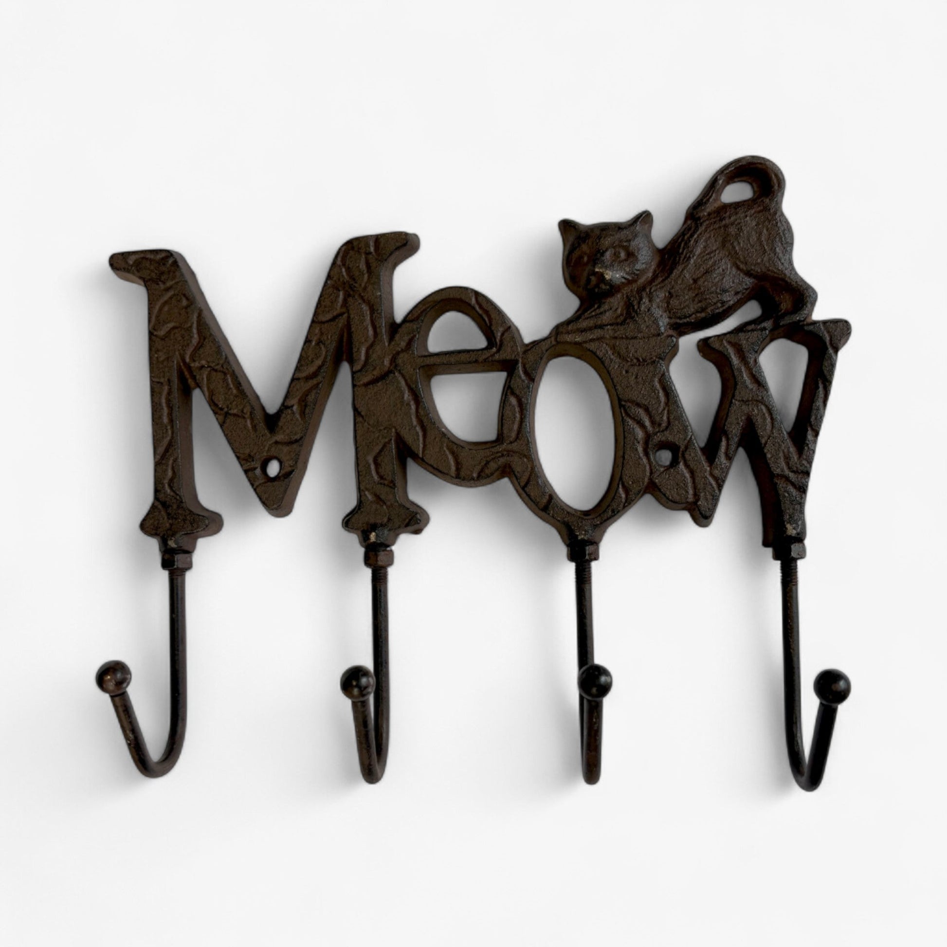 Whimsical Cast Iron Meow Cat Hook Rack, Rustic Wall Organizer-Miller Ranch TX