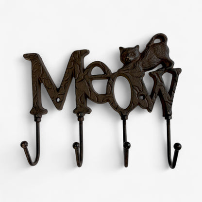 Whimsical Cast Iron Meow Cat Hook Rack, Rustic Wall Organizer-Miller Ranch TX