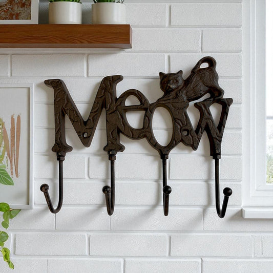 Whimsical Cast Iron Meow Cat Hook Rack, Rustic Wall Organizer-Miller Ranch TX