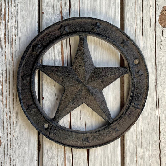 Rustic Cast Iron Star Badge Wall Decor, Vintage Western Accent-Miller Ranch TX