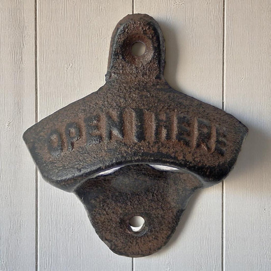 Open Here Cast Iron Bottle Opener - Vintage Rustic Wall-Mounted Bar Accessory for Home, Kitchen & Patio-Miller Ranch TX