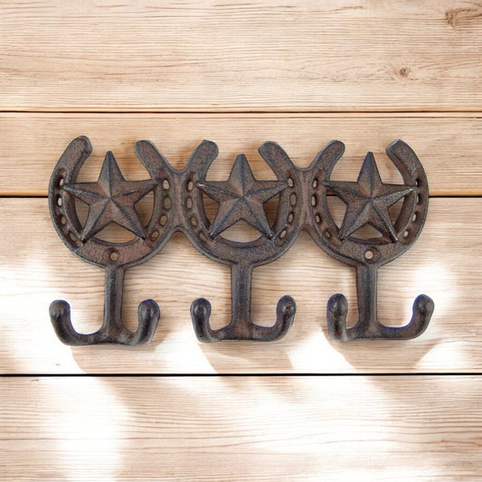 Triple Cast Iron Star Horseshoe Hooks - Western Wall Organizer-Miller Ranch TX