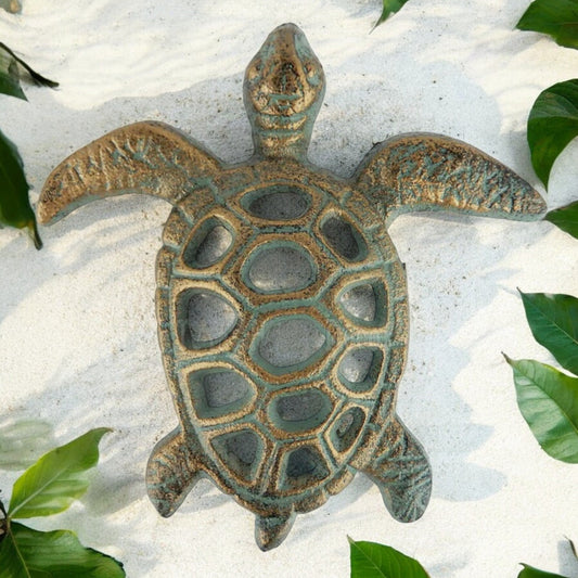 Whimsical Cast Iron Turtle Figurine, Antique Bronze Coastal Decor Accent-Miller Ranch TX