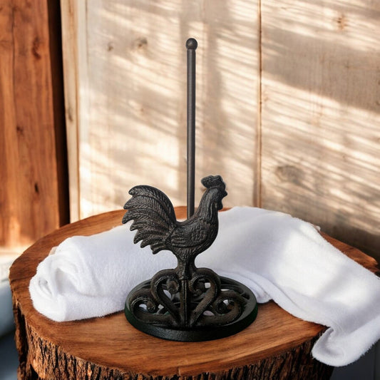 Farmhouse Cast Iron Rooster Paper Towel Holder, Rustic Kitchen Dispenser-Miller Ranch TX