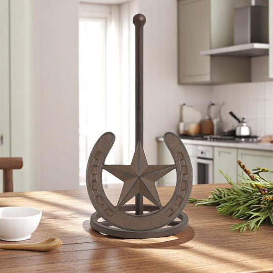 Rustic Cast Iron Star and Horseshoe Paper Towel Holder - Western Farmhouse Kitchen Decor, Cabin Ranch Accent-Miller Ranch TX