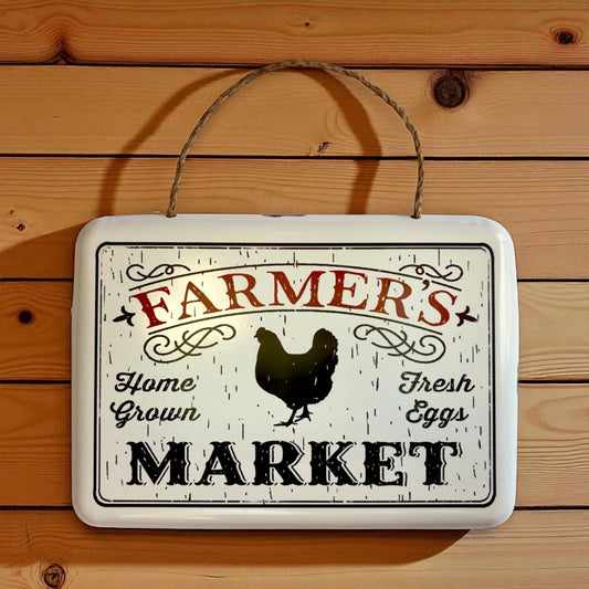 Vintage Farmer's Market Sign with Chicken, Rustic Metal Home Decor-Miller Ranch TX