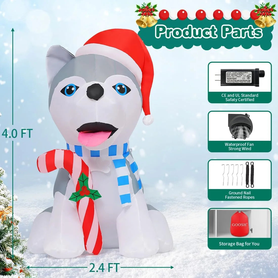 4 FT Christmas Inflatables Outdoor Dog Christmas Decorations Inflatable Christmas Dog Blow up Husky Dogs Holding Candy Cane Christmas Decoration with Built-In Leds for Xmas Party Garden Decor-Miller Ranch TX