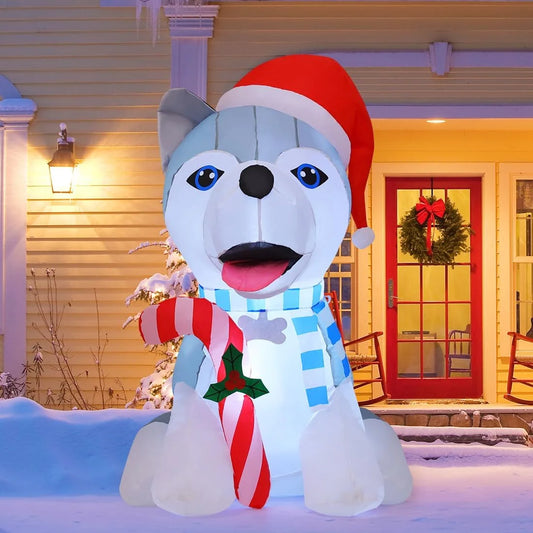 4 FT Christmas Inflatables Outdoor Dog Christmas Decorations Inflatable Christmas Dog Blow up Husky Dogs Holding Candy Cane Christmas Decoration with Built-In Leds for Xmas Party Garden Decor-Miller Ranch TX