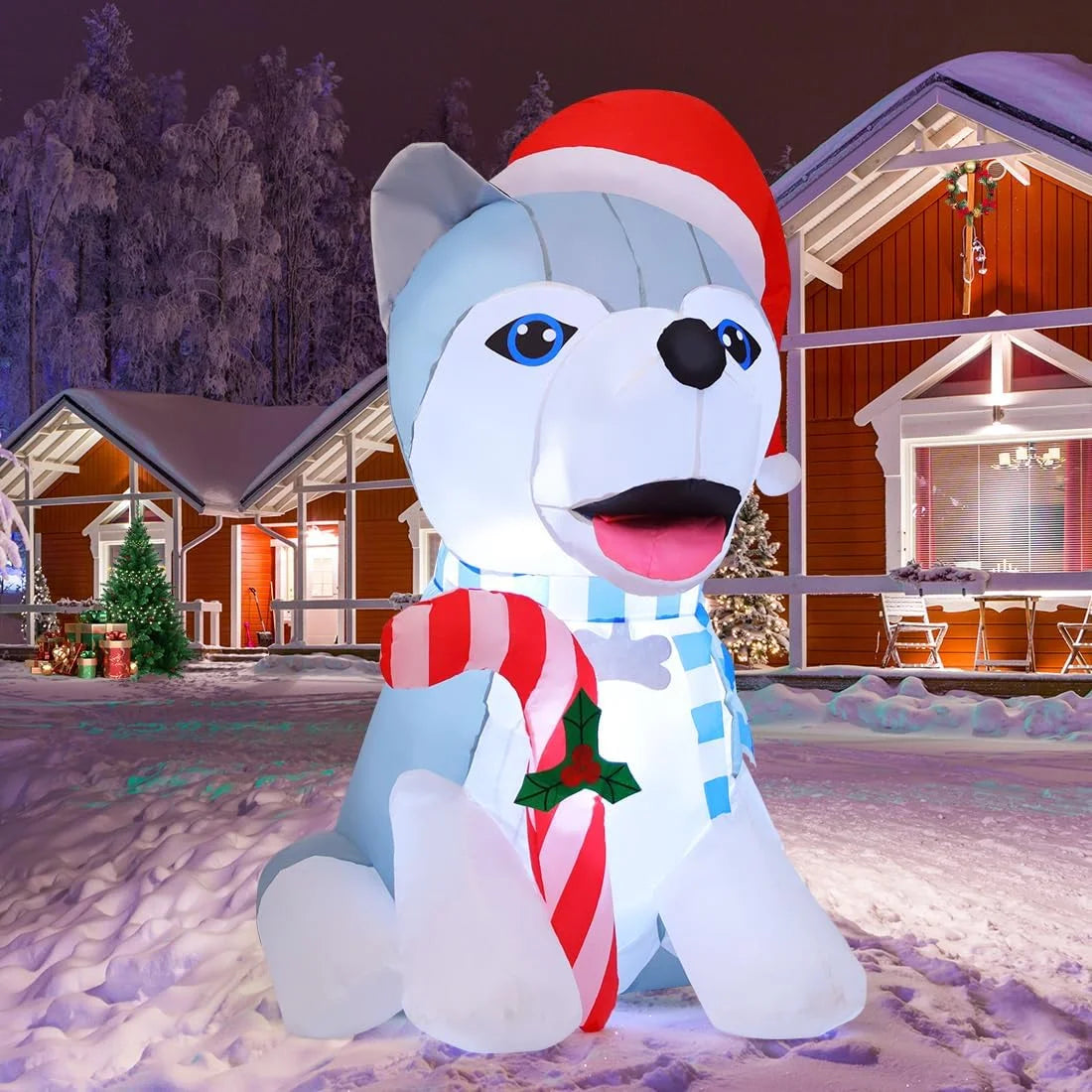 4 FT Christmas Inflatables Outdoor Dog Christmas Decorations Inflatable Christmas Dog Blow up Husky Dogs Holding Candy Cane Christmas Decoration with Built-In Leds for Xmas Party Garden Decor-Miller Ranch TX